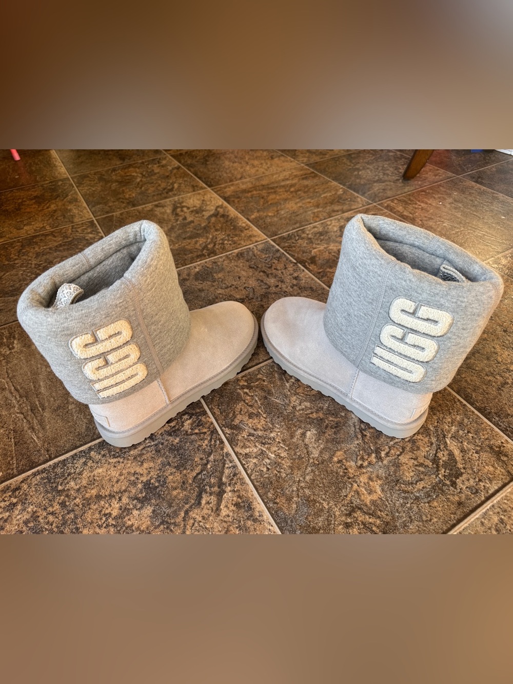 UGG Classic Short Fur Jersey Cozy Logo Slip On Boots- Gray, Women’s Size 8
